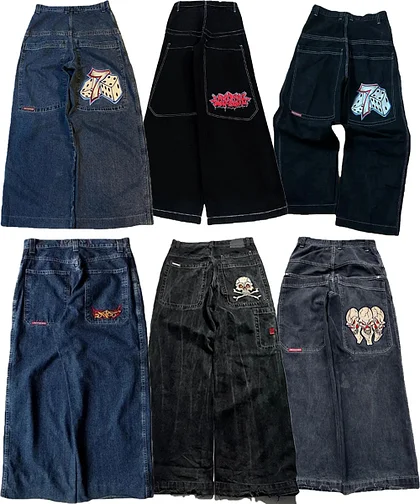 Orbitog fall outfits 2025 Ins Jeans Y2K Harajuku Retro Skull Pattern Embroidered Loose Jeans Black Pants Men's and Women's Gothic High Waist Pants