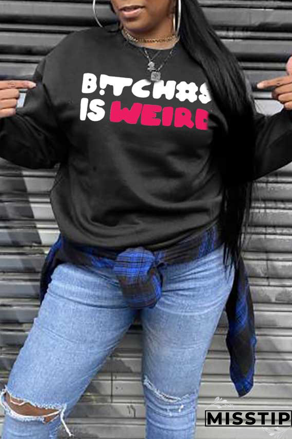 Black Street Print Letter O Neck Tops