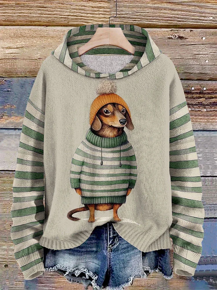 Women's Dachshund Dog In Clothes Print Stripe Splice Hoodie