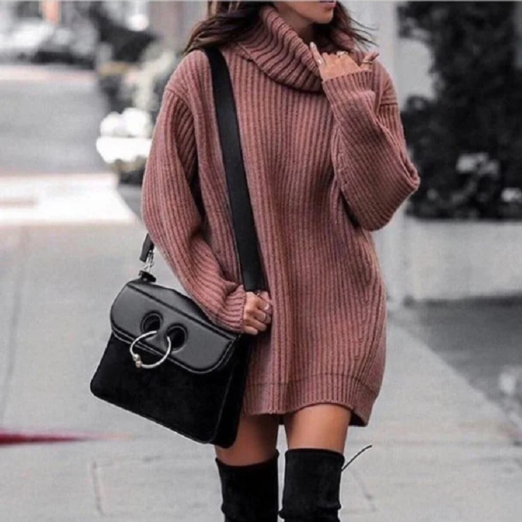 Wongn Wongn And Winter New Women's High Collar Medium Long Knit Jumper Long Sleeve Dress Sweater Women's Clothing
