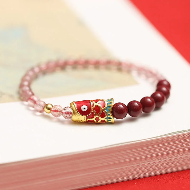 Cinnabar Strawberry Quartz Lucky Koi Fish Healing Bracelet