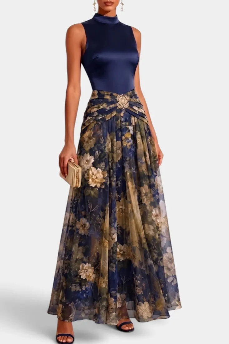 High Neck Satin Bodice with Floral Maxi Skirt