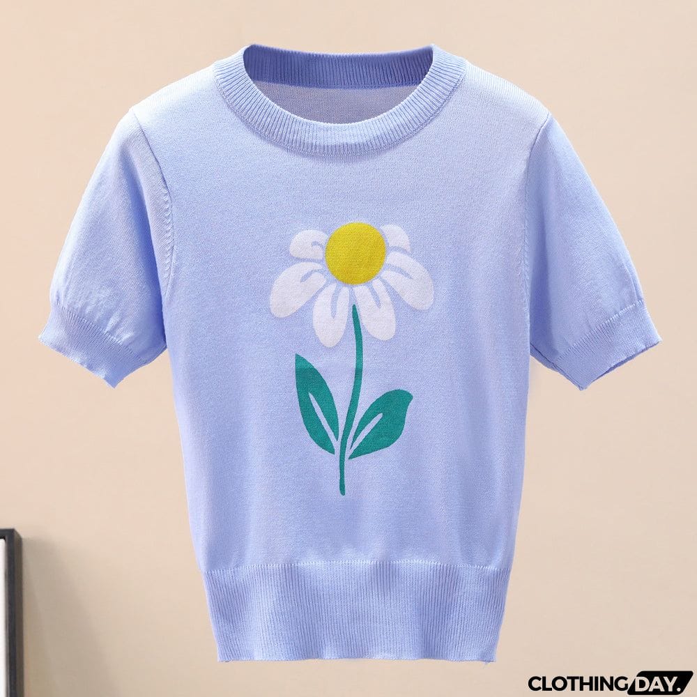 Flower Graphic Ribbed Trim Knit Top