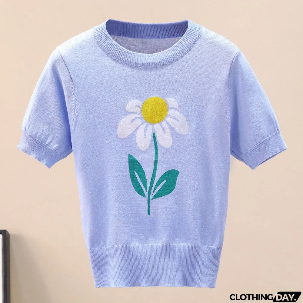 Flower Graphic Ribbed Trim Knit Top