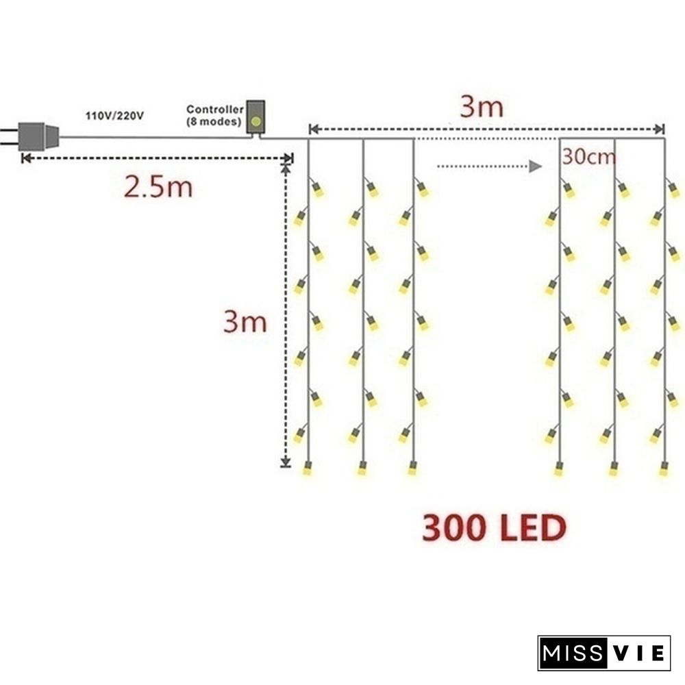 9 Colors 3Mx3M 300-LED Light Romantic Christmas Wedding Outdoor Decoration Curtain String Light