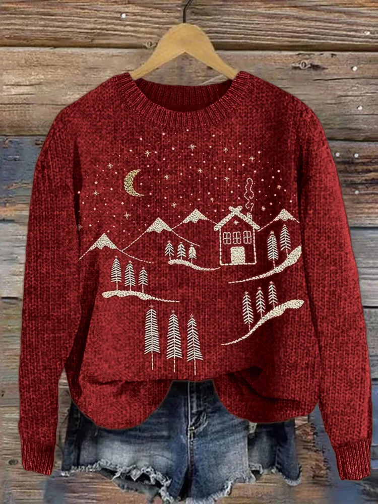 Christmas Snowy Landscape Embroidery Cozy Knit Sweater