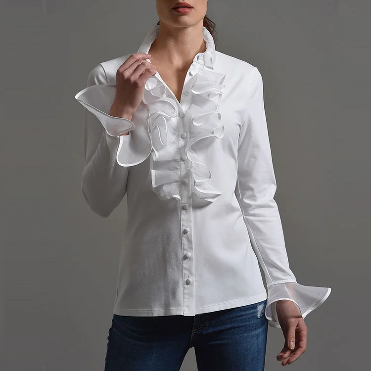 Vintage Solid Ruffle Long Sleeve Button Blouse
