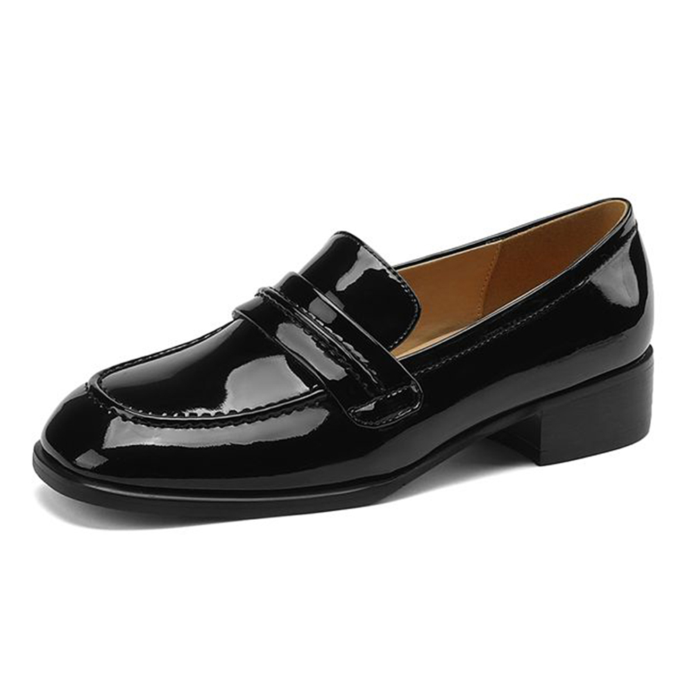 Black Patent Leather Closed Toe Chunky Heel Formal Loafers Nicepairs