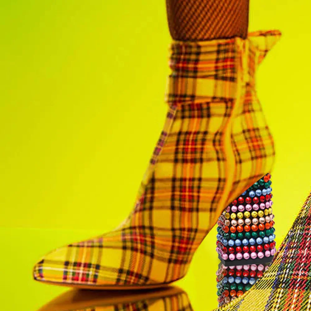 Multicolor Fabric Lattice Diamond Chunky Heels Ankle Boots