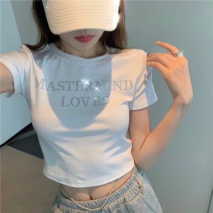 Uveng Uveng Celebrity Bottom Shirt High Waist Crop Short Jacket Women Hot Diamond Letter Slim Summer Short-Sleeved T Shirt Women Ins Tide