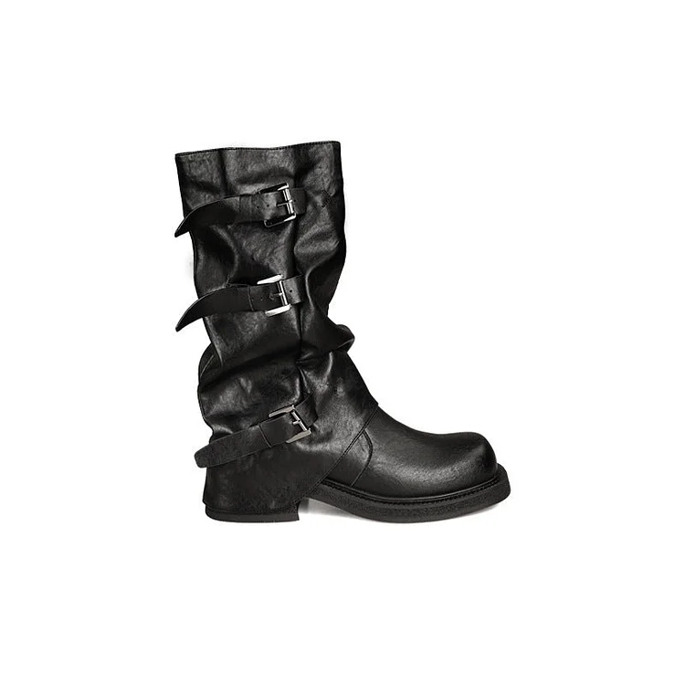 Mom Belt Buckle Head Pleated Tube Boots