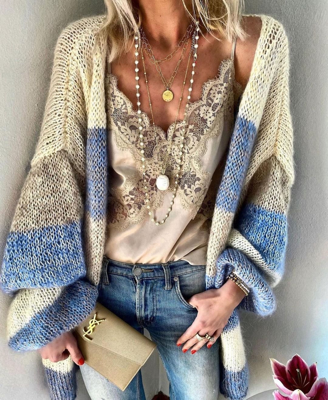 Women's Flared Sleeve Open Lining Striped Loose Jacket Sweater