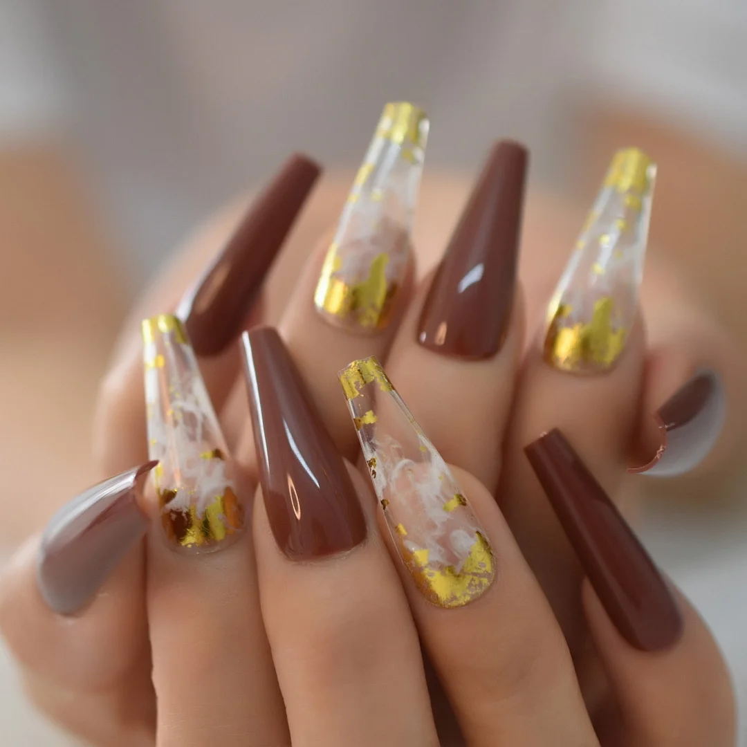 Glossy 24Pcs 6Pcs Foil Set Extra Long Fake Nails Fingernails Art Coffin Nails Tip Simple Design Supplies For Professionals EchiQ-Nail Inspo