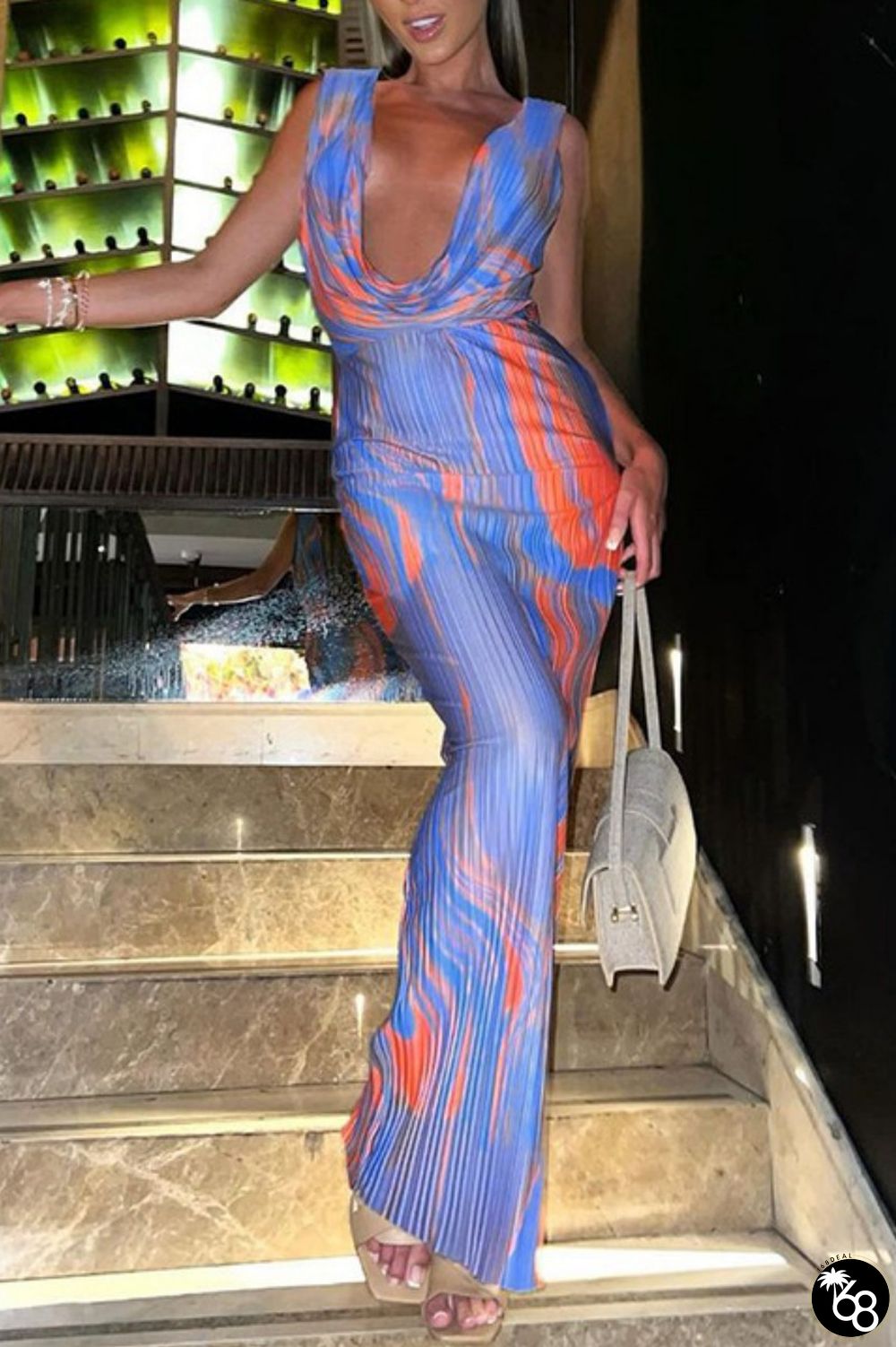 Blue Sexy Print Backless V Neck Long Dress Dresses | 168DEAL