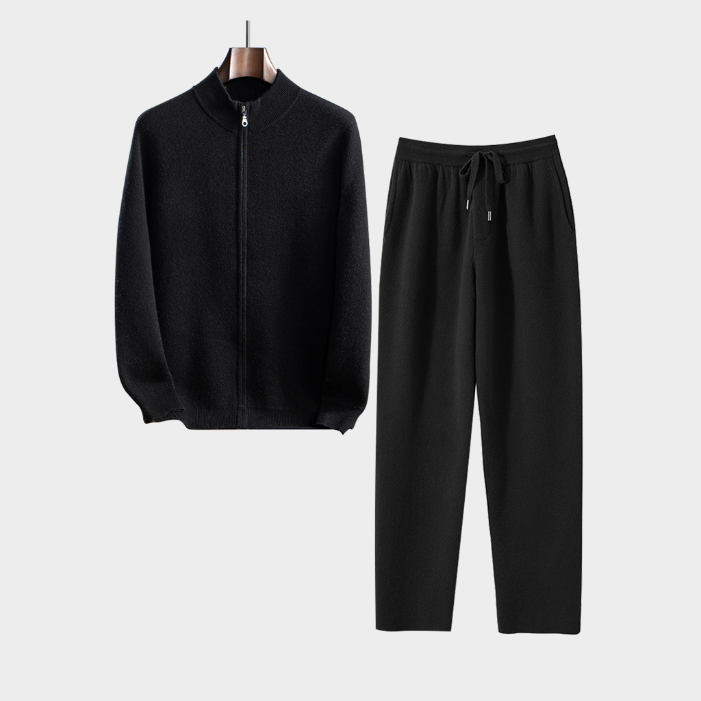 Men's Black Cashmere Stand-Up Collar Knitted Cardigan and Pants Set | Modern Minimalist REAL SILK LIFE
