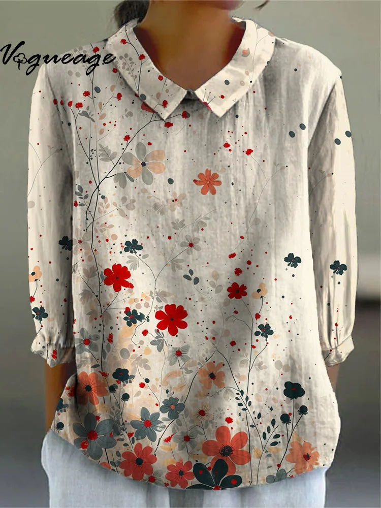 Floral Fresh Printed Shirt Printed Cotton And Linen Women Shirt