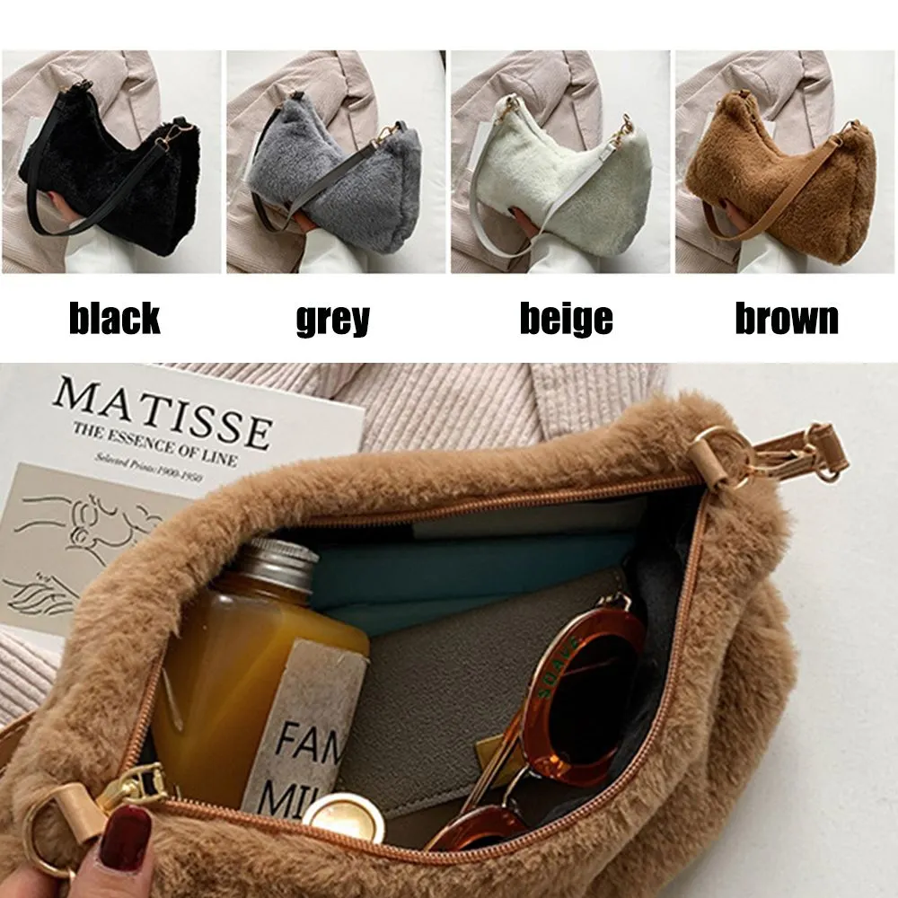 Retro Solid Underarm Bags For Women 2022 Soft Plush Shoulder Bags Female Large Capacity Travel Bag Winter Warm Fluffy Totes Gift