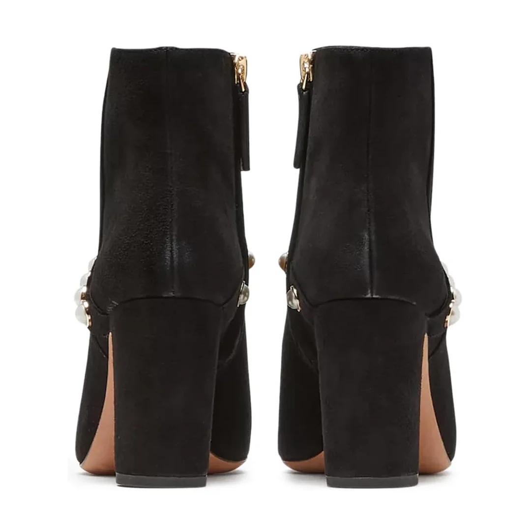 Black Vegan Suede Round Toe Chunky Heel Zipper Ankle boots with Pearls
