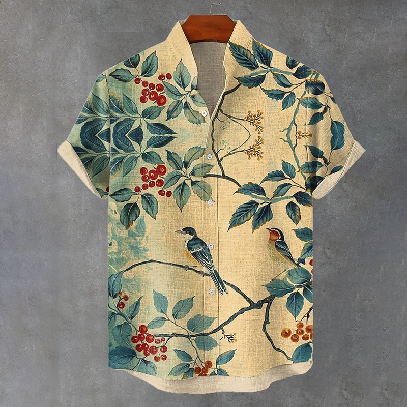 Men's Flower Bird Ink Painting Print Linen Blend Shirt  artssus