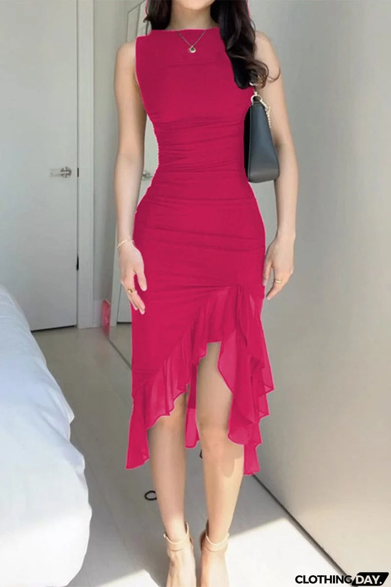Sexy Celebrities Solid Fold Asymmetrical O Neck Irregular Dress Dresses