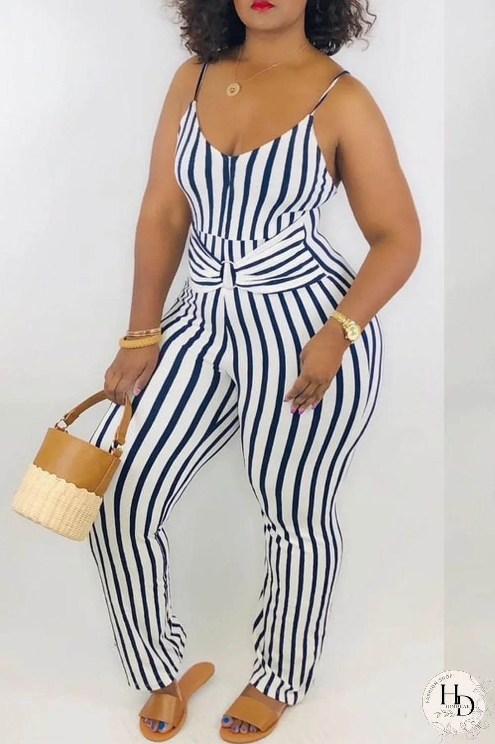 Navy Blue Sexy Slip Striped Stripe Plus Size