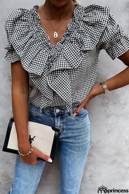 Plaid Ruffles V Neck Puff Sleeve Blouse