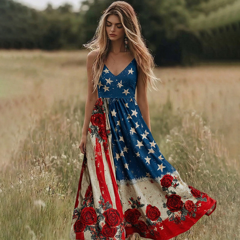 Comstylish Women's Retro Independence Day Flag Roses Art Linen Dress