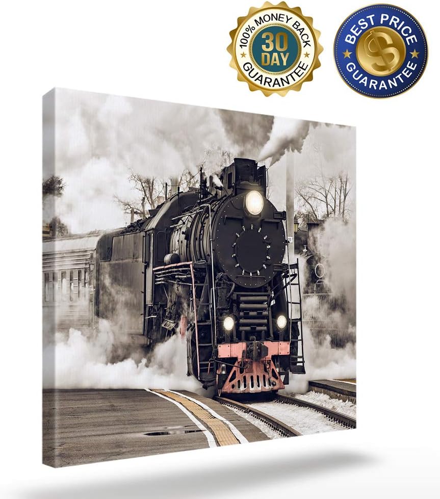 Canvas Wall Art for Living Room Old Steam Train Picture Framed Wall Decor Picture Painting Prints for Holiday Bedroom Bathroom Framhouse Office Kitchen Home Decoration, 12 inch x12 inch  12 x 12 in