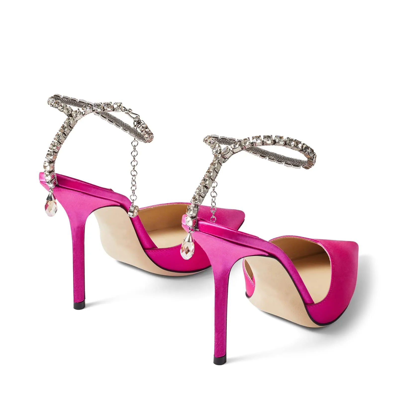 100mm Women's Sandals Crystal Chain Ankle Straps Rhinestones Buckle Heels Stiletto Satin Dress Shoes-vocosishoes