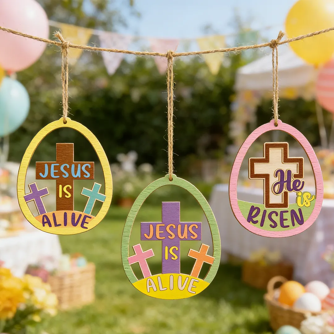 10Pcs Easter Cross DIY Unfinished Graffiti Wooden Pendant Wood Graffiti Crafts Hanging Ornaments for Living Room Office Party Decoration