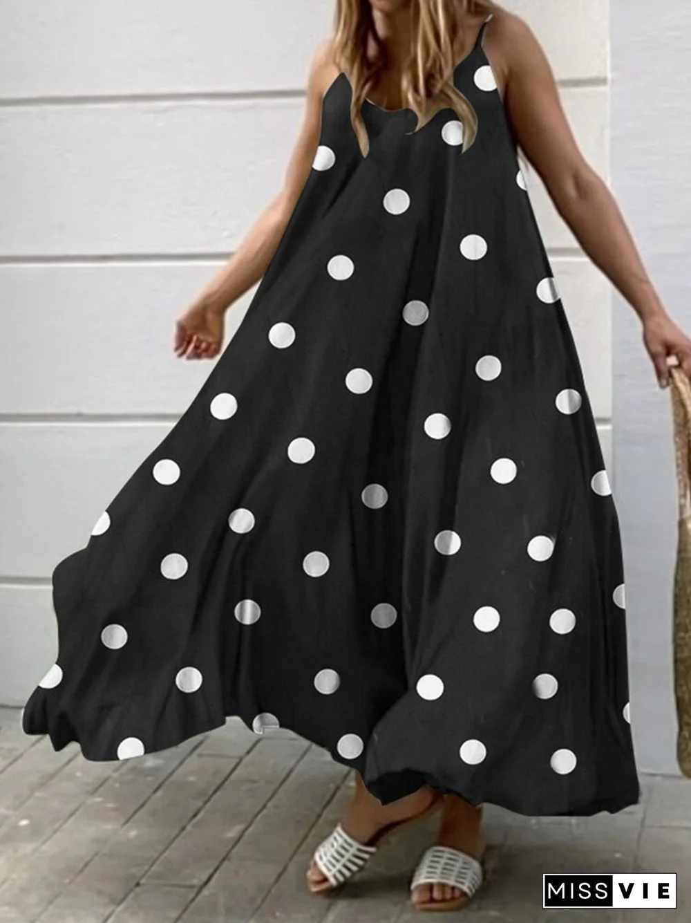 Polka Dot Adjustable Strap Sleeveless Backless Maxi Dress