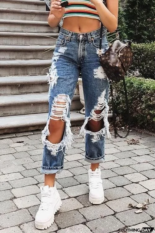 Crazy Hole High Waist Loose Jeans