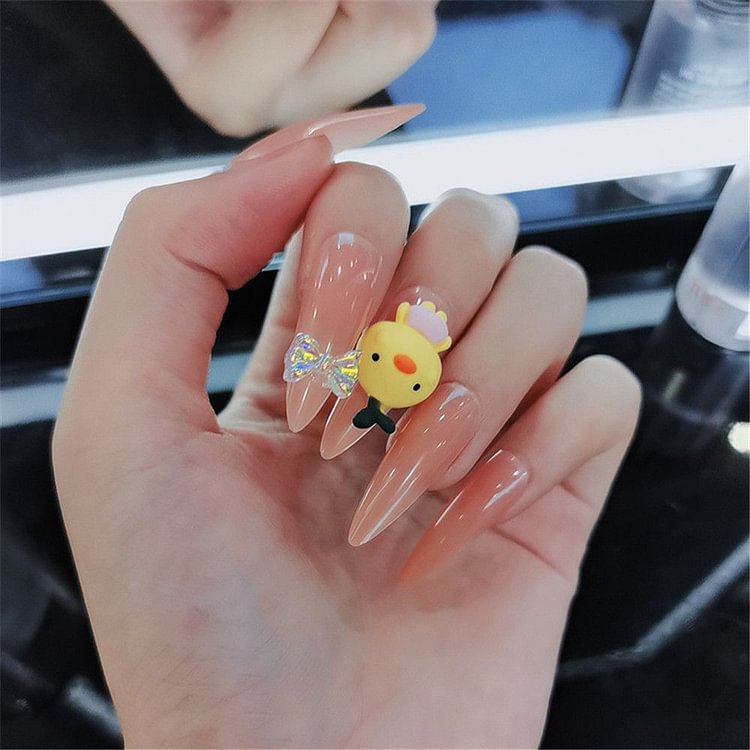 Fake nails with designs Yellow Duck Nails Artificial False Nails Full Cover long stiletto nail tips Press On Bow Nails Art Tips