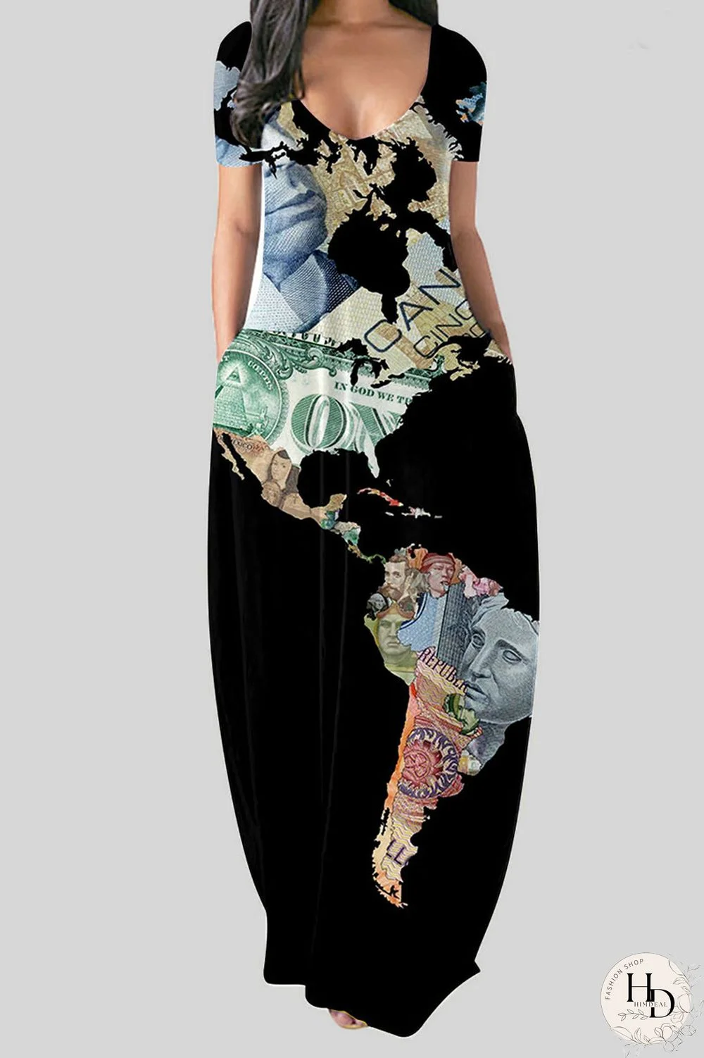 Black Casual Print Patchwork V Neck Straight Dresses