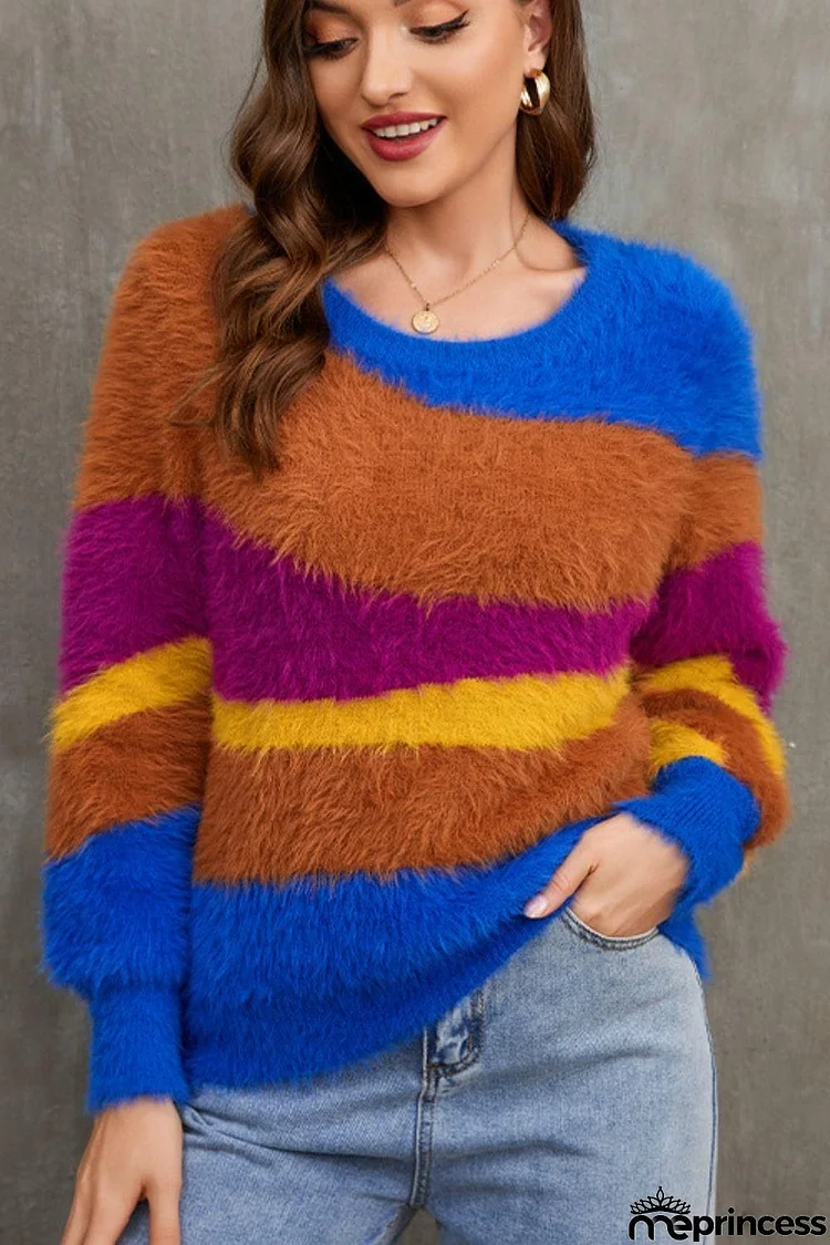 Color Block Round Neck Plush Sweater