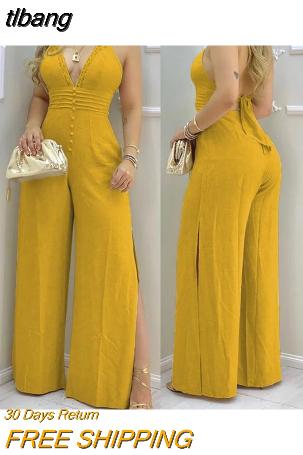 tlbang Trim Buttoned Backless Slit Jumpsuit Elegant Jumpsuit for Women Casual New Fashion 2023 Summer