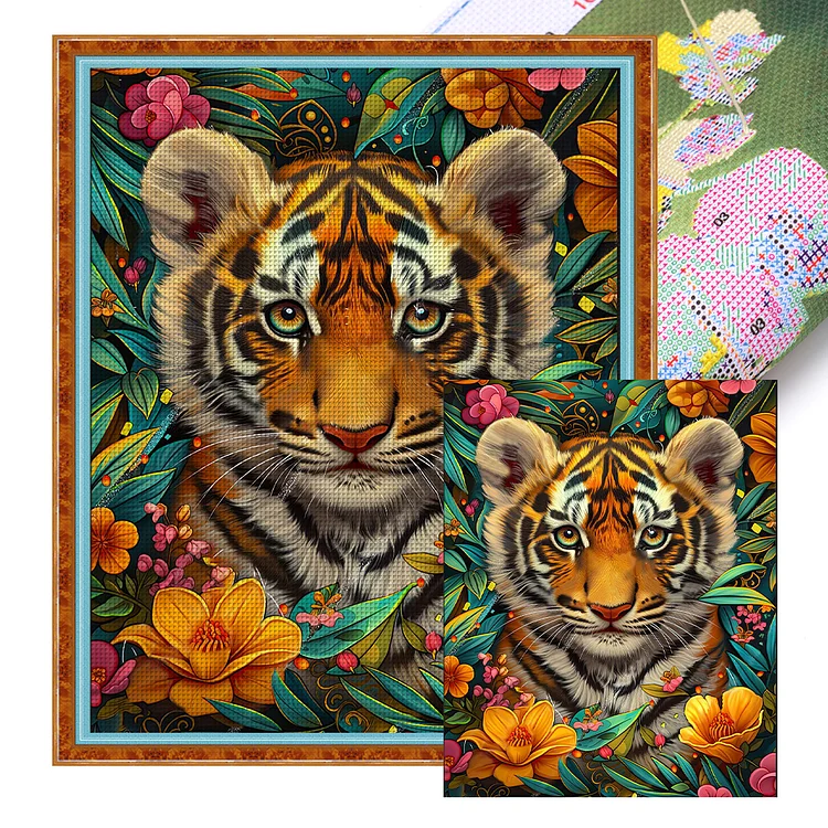 Tiger Among Flowers (50*60cm) 11CT Stamped Cross Stitch gbfke