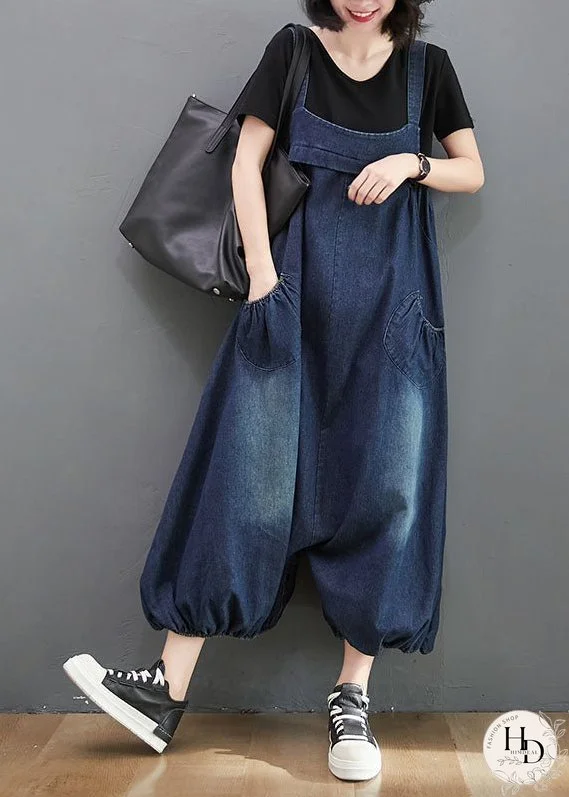Style Navy Pockets Patchwork Denim Lantern Jumpsuit