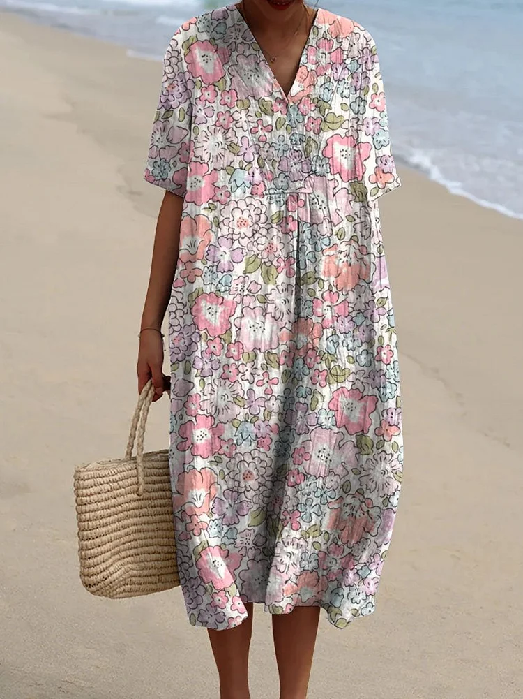 Women's Vintage Floral Art Print Casual Flowy Dress
