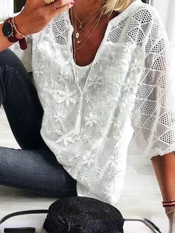 Women's Lace Cut Out Loose Solid Color Shirt
