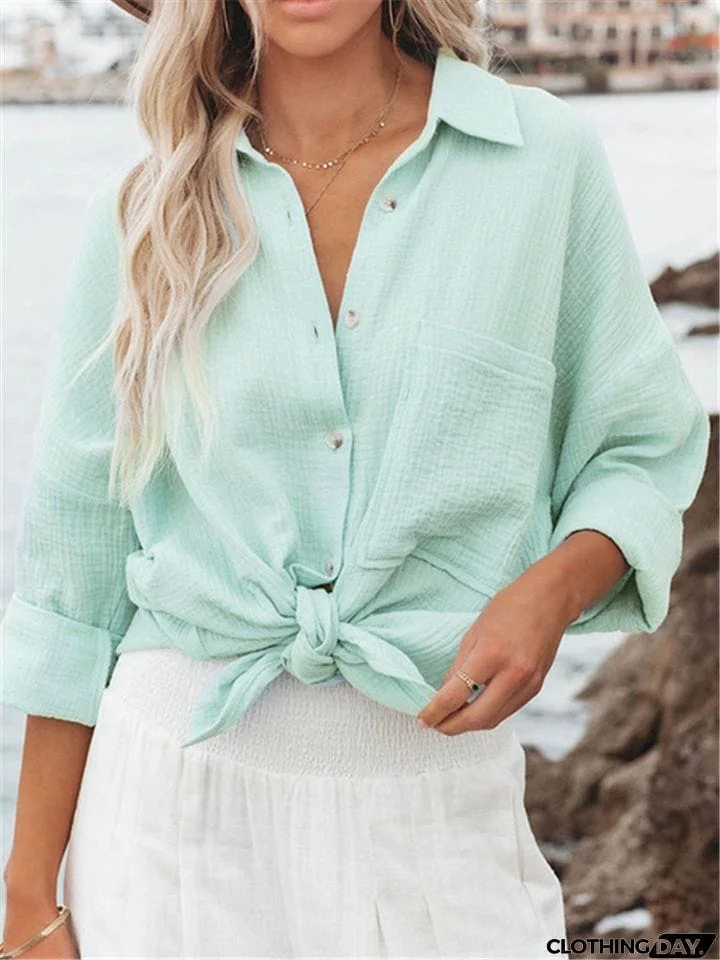 Women Lapel Buttons Long Sleeve Blouses With Pocket