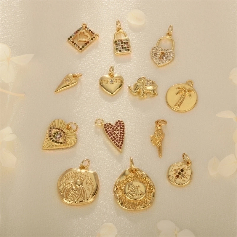 Minimalist Tree Heart Shape Eye Copper Plating Inlay Zircon 18k Gold Plated Charms