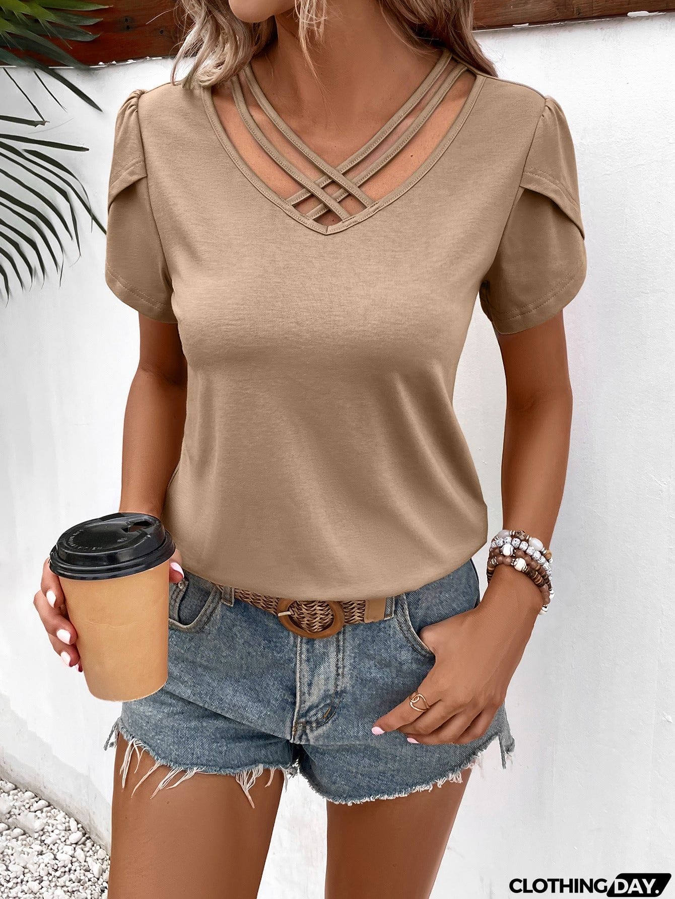 Strappy V-Neck Petal Sleeve Top