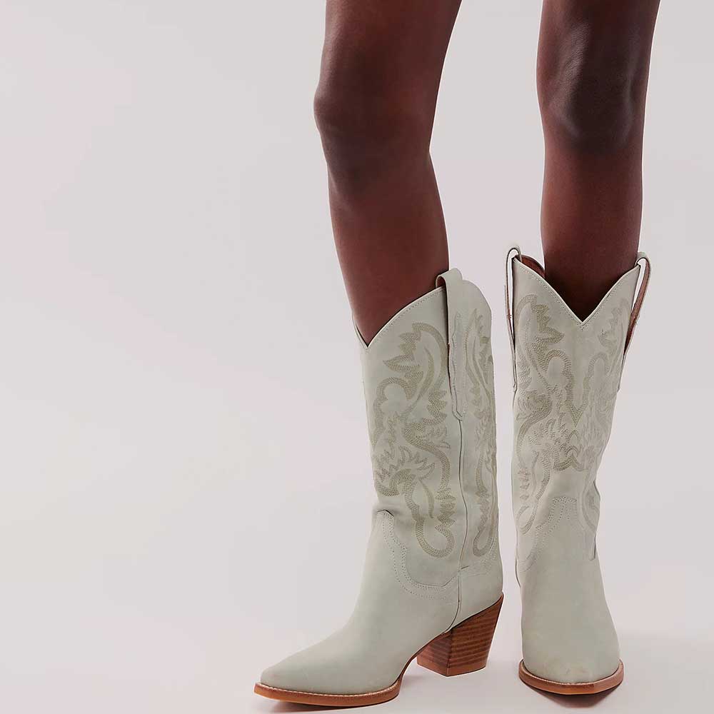 White Snip Toe Embroidered Mid-Calf Cowgirl Boots with Chunky Heel Nicepairs
