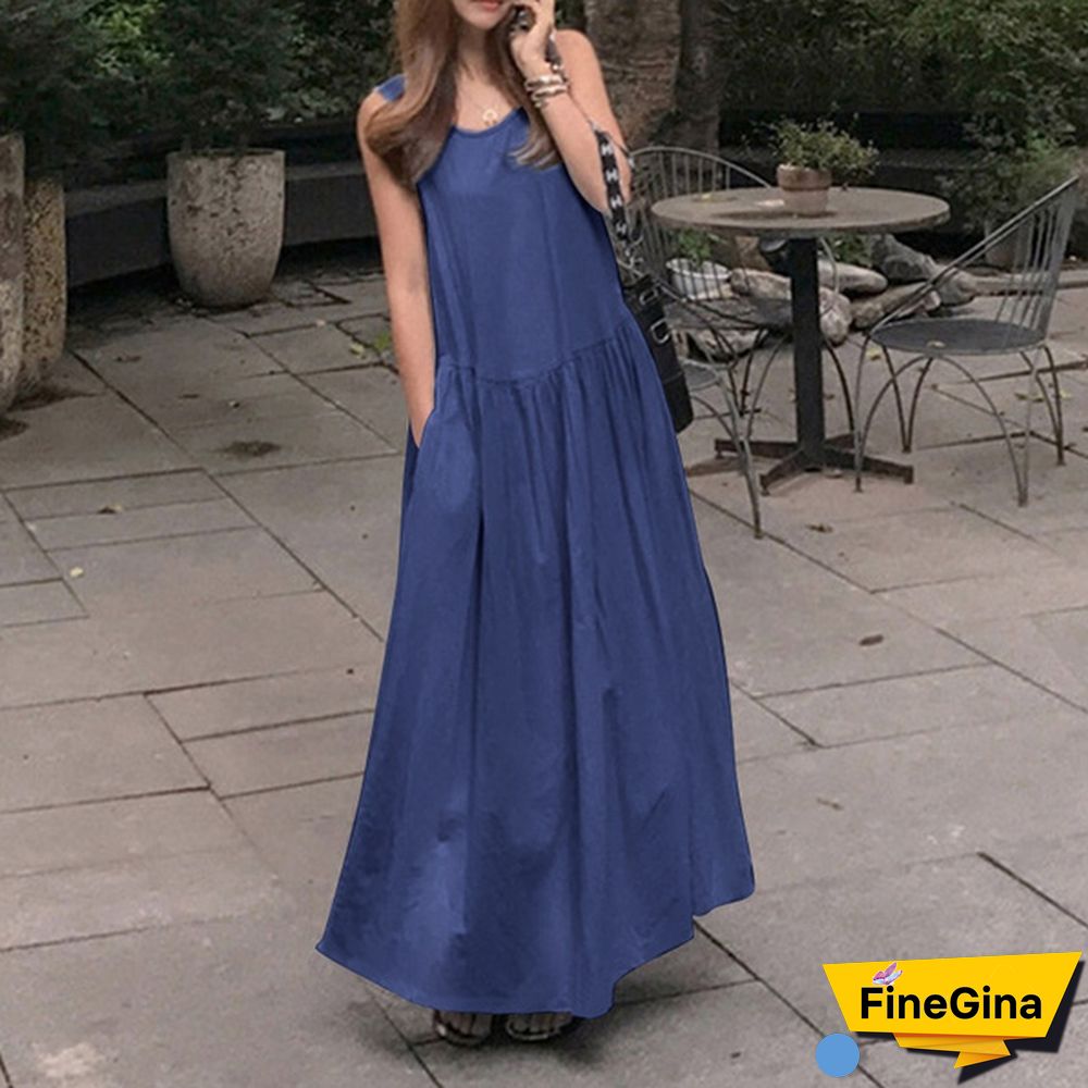 Women Sleeveless Casual Party Holiday Long Shirt Dress O Neck Denim Tank Maxi Sundress