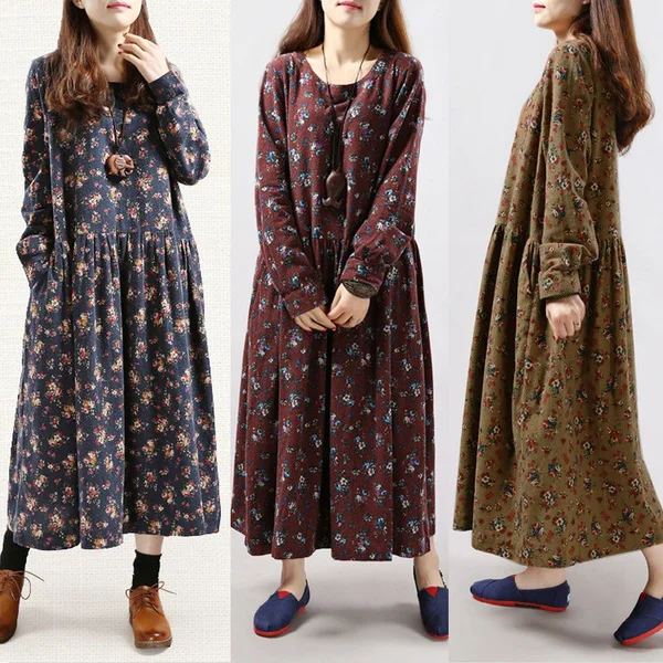 Zanzea Fashion Women Crew Neck Long Sleeve Floral Printed Pockets Baggy Long Dress Plus