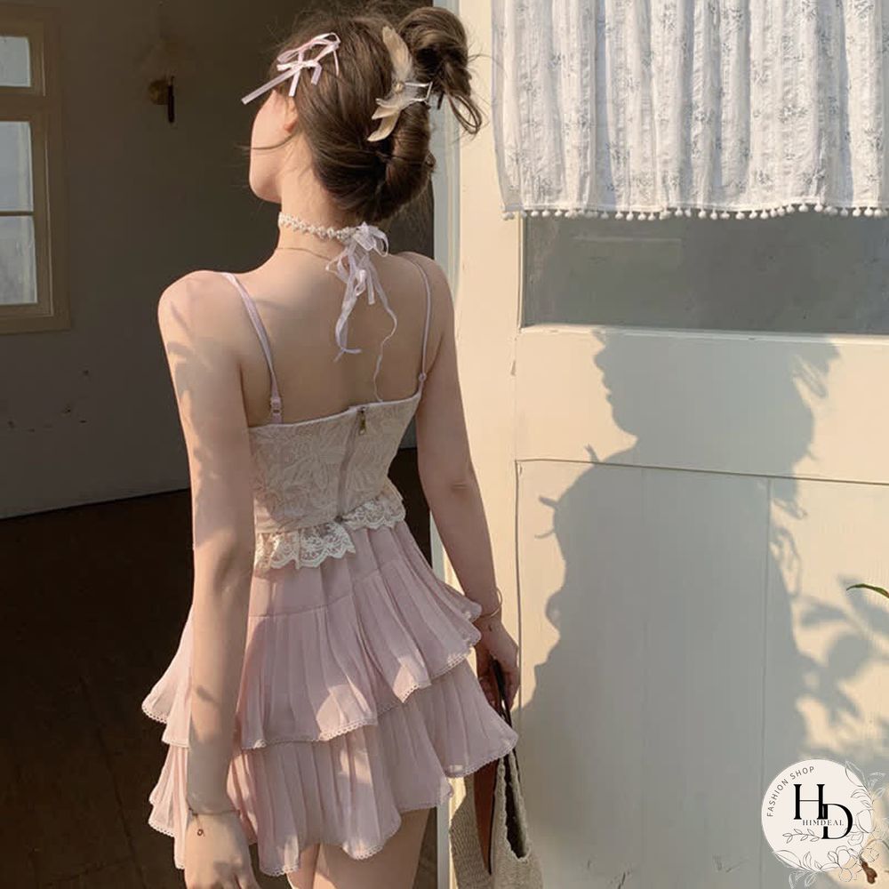 Pure Color Cardigan Lace-up Lace Corset Top Layered Mini Skirt