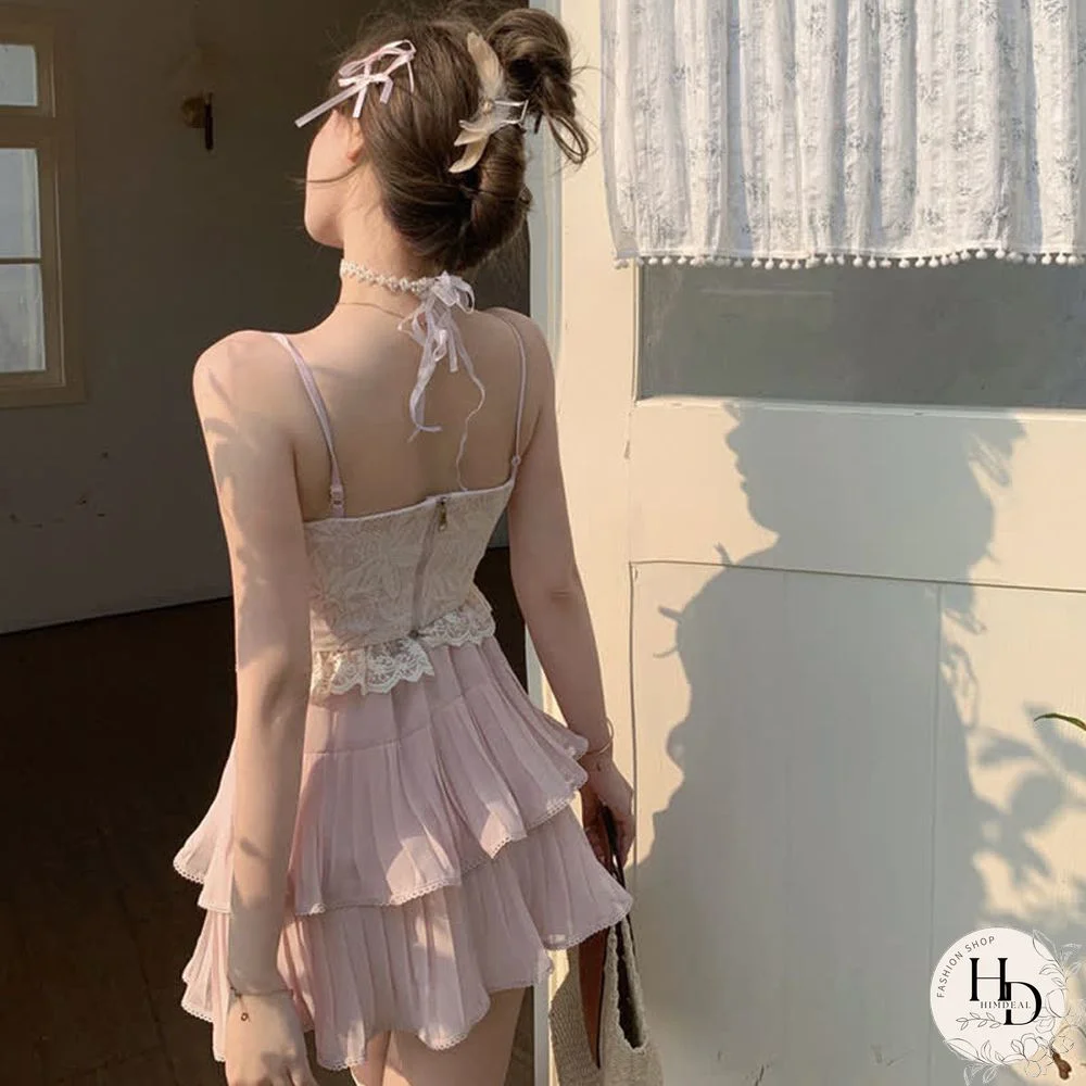 Pure Color Cardigan Lace-up Lace Corset Top Layered Mini Skirt