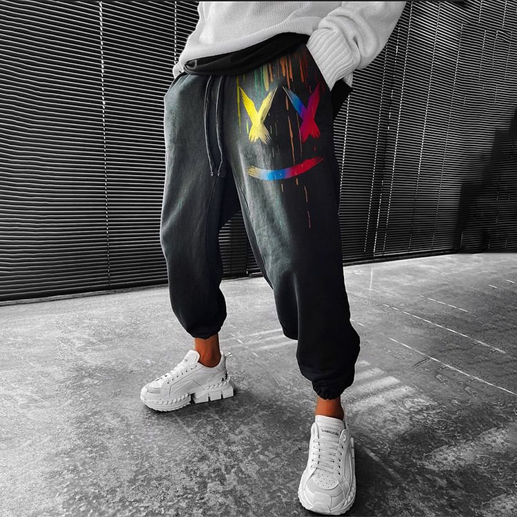 BrosWear Men's Retro Smiley Print Casual Sweatpants