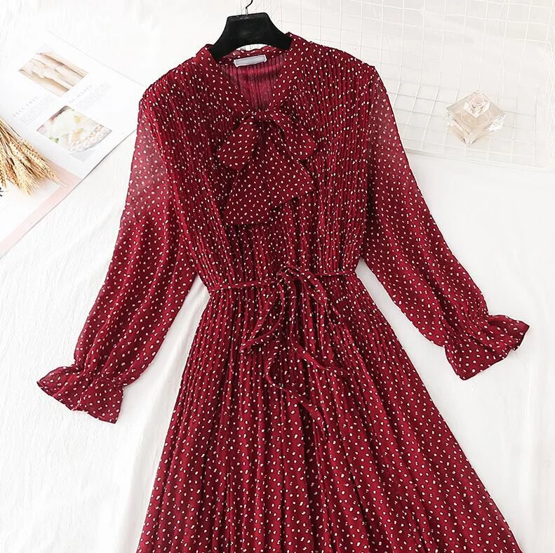 2020 Elegant Women Dress Vintage Bow Polka Dot Print Loose Midi Dress Female Casual Ruffles Pleated Chiffon Dresses Vestidos
